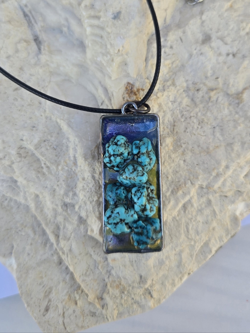 Handmade Turquoise Nugget Pendant Necklace – Rectangular Resin Setting